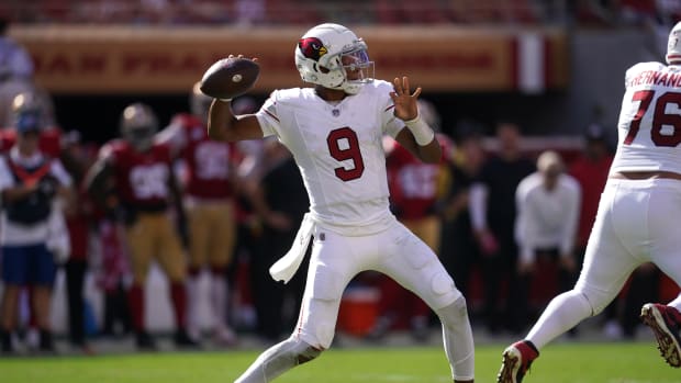 Oct 1, 2023; Santa Clara, California, USA; Arizona Cardinals quarterback Joshua Dobbs (9) throws a pass against the San Francisco 49ers in the third quarter at Levi's Stadium. Mandatory Credit: Cary Edmondson-USA TODAY Sports